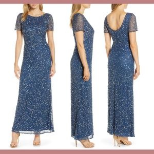 NEW Pisarro Nights Short Sleeve‎ Beaded Evening Gown in Blue [SZ 6 ]